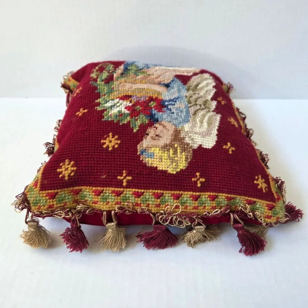 Christmas Needlepoint Pillow Angel Petit Point Tassels 9